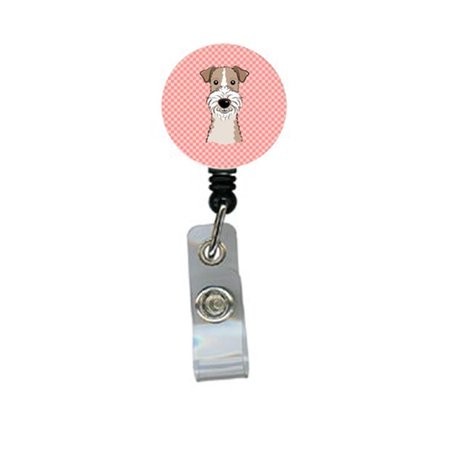 CAROLINES TREASURES Checkerboard Pink Wire Haired Fox Terrier Retractable Badge Reel BB1247BR